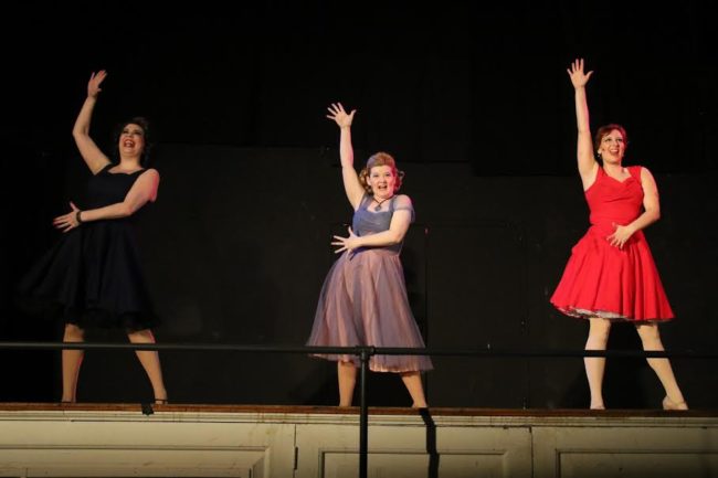 Megan Mostow (left) as Helene, Ashley Gerhardt (center) as Nickie, and Katherine Sheldon (right) as Charity in Sweet Charity