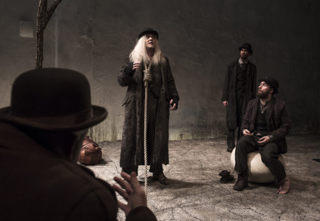 Rory Nolan as Pozzo, Garrett Lombard as Lucky, Mary Rea as Vladimir and Aaron Monaghan as Estragon in Druid’s production of Waiting for Godot