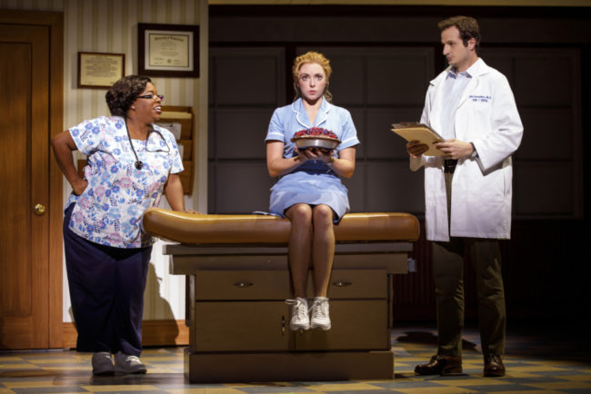 Maiesha McQueen (left) as Nurse Norma, Desi Oakley (center) as Jenna, and Bryan Fenkart (right) as Doctor Pomatter