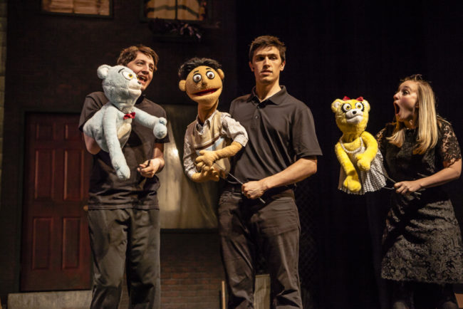 Anthony Case (left) as Bad Idea Bear, Josh Schoff (center) as Princeton, and Angie Sokolov (right) as Bad Idea Bear