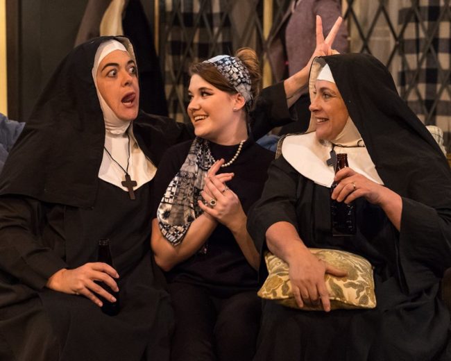 Christine Grable (left) as Head Nun, Brynn Krasney (center) as Corrinna Stroller, and Pamela Northrup (right) as Second Nun
