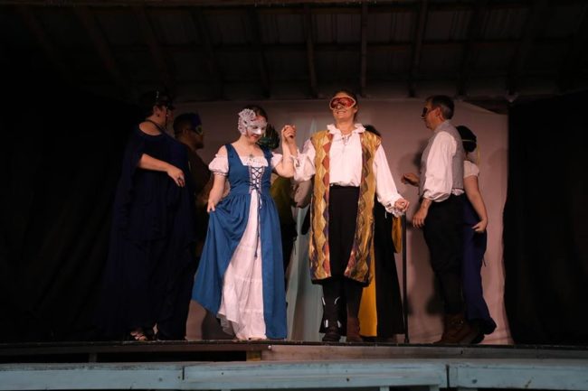 (L to R) Andrea Bush as Beatrice, Emily Plovan as Hero, Deb Carson as Leonato, and Paul Ballard as Balthazar