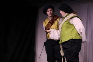 Joanna Matthews (left) as Claudio and Jennifer Hasselbusch (right) as Don Pedro