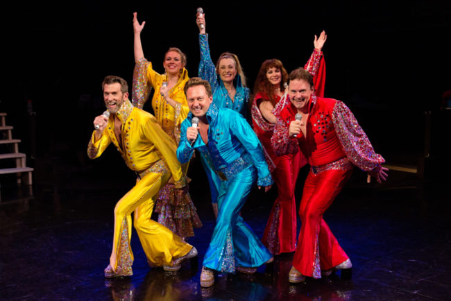 (Front L to R) Darren McDonnell as Harry Bright, Jeffrey Shankle as Sam Carmichael, Russell Sunday as Bill Austin. (Back L to R) Coby Kay Callahan as Tanya, Heather Marie Beck as Donna Sheridan, and Tess Rohan as Rosie in Mamma Mia! 
