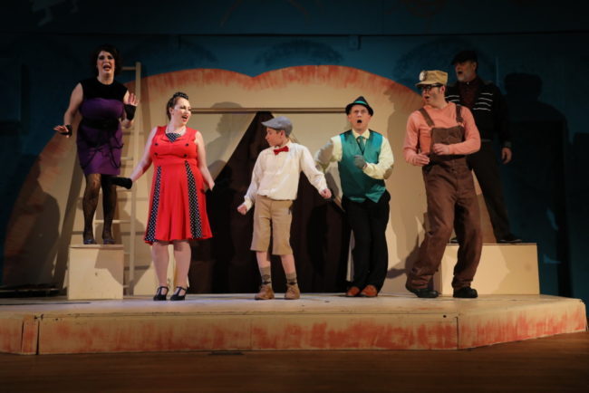 (L to R) Megan Mostow as Spider, Rebecca Hanaluer as Ladybug, Brandon Goldman as James, Jeremy Goldman as Grasshopper, Matt Scheer as Earthworm, and John "Gary" Pullen as Centipede