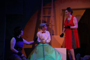 Megan Mostow (left) as Spider, Brandon Goldman (center) as James, and Rebecca Hanauer (right) as Ladybug