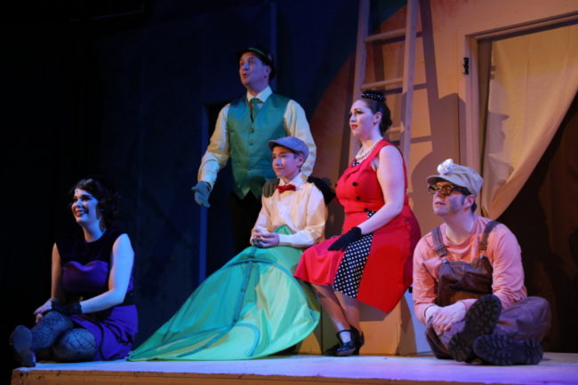 (L to R) Megan Mostow as Spider, Jeremy Goldman as Grasshopper, Brandon Goldman as James, Rebecca Hanauer as Ladybug, and Matt Scheer as Earthworm