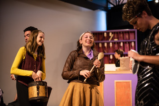 Eden Logan (left) as Feste's Sidekick, Lauren Foley (center) as Feste, and Audrey Kawecki (right) as Olivia