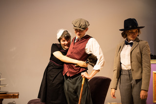 Juliana Schueckler (left) as Maria, Jeremy Crawford (center) as Sir Toby Belch, and Lilly Foley (right) as Sir Andrew Aguecheek