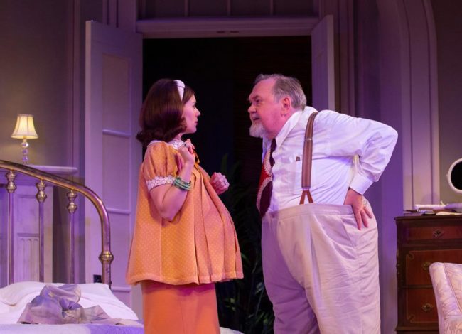 Alexis Hyatt (left) as Mae and David Schramm (right) as Big Daddy in Cat on a Hot Tin Roof at Baltimore Center Stage