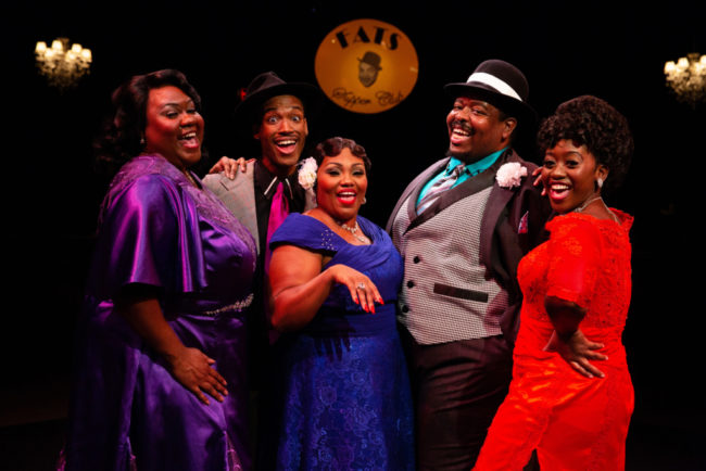 (L to R) Kelli Blackwell, Bryan Jeffrey, Kadejah Oné, Tobias A. Young, and Kanysha Williams in Ain't Misbehavin' at Toby's Dinner Theatre 