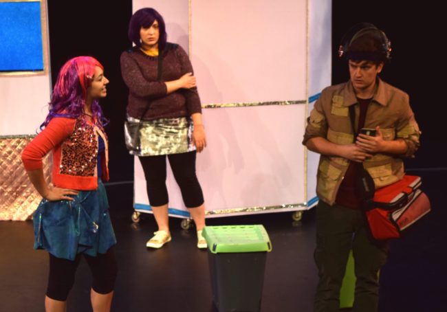 Kelsey Yudice (left) as Ineka Brendley, Briana Manente (center) as Vellum, and James Morogiello (right) as Klipp Casey 