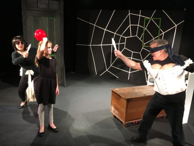 Shelly Work (left) as Miss Spink with Ava Nicholas (center) as Coraline and Timothy R. King (right) as Miss Forcible in Coraline at Landless Theatre Company