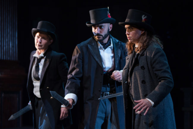 Noble English Lords take up arms (left to right: Kate Goehring, Maboud Ebrahimzadeh, Holly Twyford) in Shakespeare’s King John. On stage at Folger Theatre, October 23 – December 2, 2018.