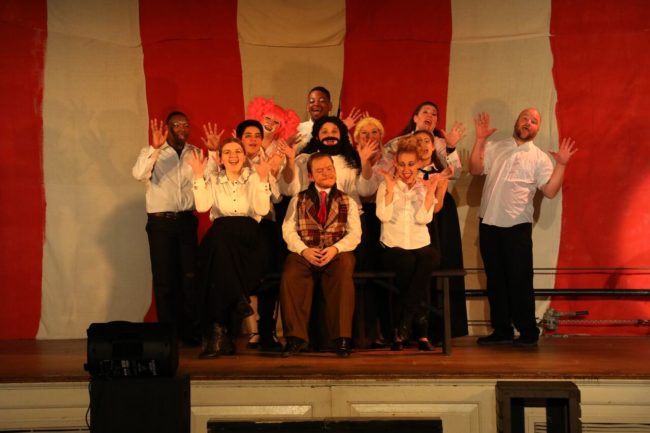 Matt Wetzel (center) as P.T. Barnum and the company of Barnum at Heritage Players