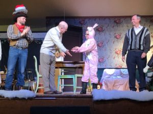 (L to R) Nate Lohrmann as Red Ryder, Gene Valendo as Adult Ralph, Finn Smith as Ralphie, and Paul Ballard as The Old Man