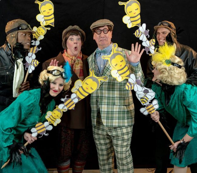 Jane C. Boyle (center left) as Toad with Chuck Graham (center right) as Frog and the company of A Year with Frog and Toad at DCT. 