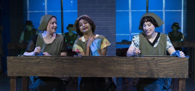 Dena Transeau (left) as Irene Rudolph, Surasree Das (center) as Katherine Schaub, and Bette Cassatt (right) as Grace Fryer in Radium Girls. Photo by Joe Williams.