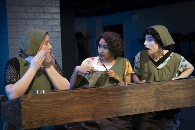 Dena Transeau (left) as Irene Rudolph, Surasree Das (center) as Katherine Schaub, and Bette Cassatt (right) as Grace Fryer in Radium Girls. Photo by Joe Williams.