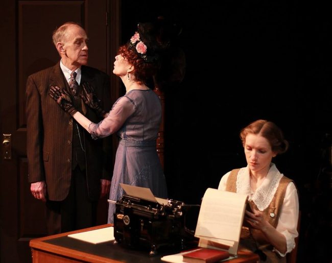 Steve LaRocque (left) as Mr. Woolsey, Stephanie Mumford (center) as Mrs. Woolsey, and Carol Spring (right) as Myra in Ghost-Writer.