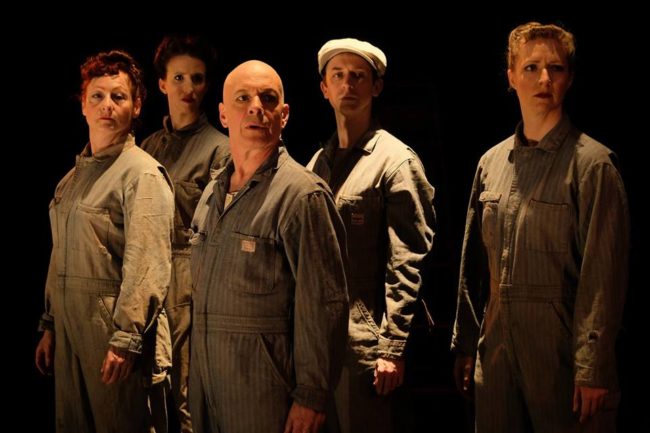 (l to r) Sabrina Mandell, Sarah Olmsted Thomas, Mark Jaster, Alex Vernon, and Gwen Grastorf in Pantheon. Photo: Glenn Ricci.