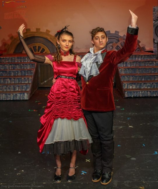 Erica Yamaner (left) as The Baroness and Liam O'Toole (right) as The Baron in Chitty Chitty Bang Bang Jr. 