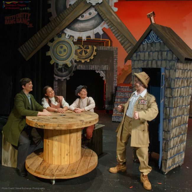 (L to R) Andrew Wilson as Caractacus Potts, Anya Lengbeyer as Jemima, Pilot Earle-Smith as Jermey, and Blake Martin as Grandpa in Chitty Chitty Bang Bang Jr.