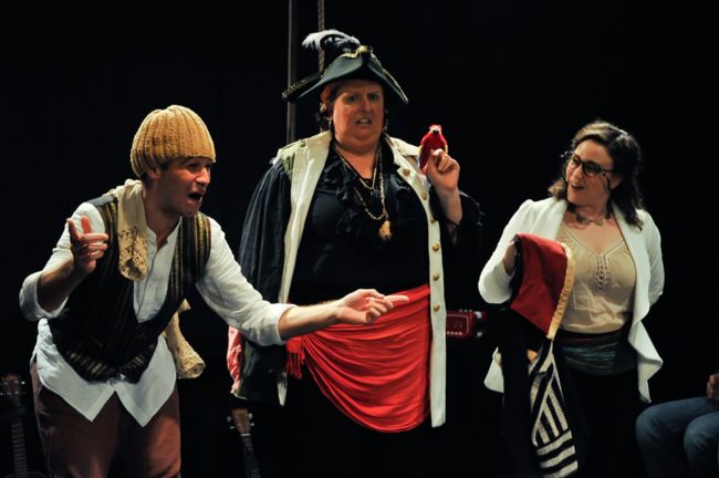 Alex Turner (left) with Wyckham Avery (center) and Paige O'Malley (right) in Treasure Island at We Happy Few.