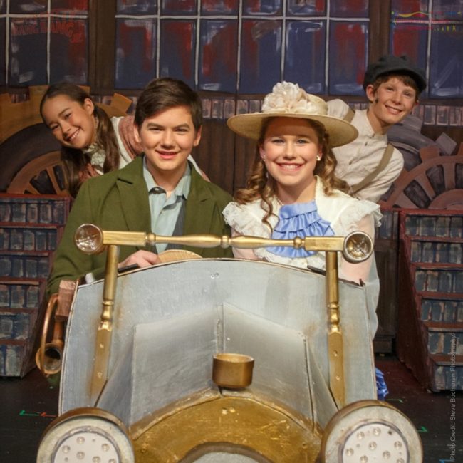 (L to R) Anya Lengberye as Jemima, Andrew Wilson as Caractacus Potts, Mackenzie Currie as Truly Scrumptious, and Pilot Earle-Smith as Jeremy in Chitty Chitty Bang Bang Jr.