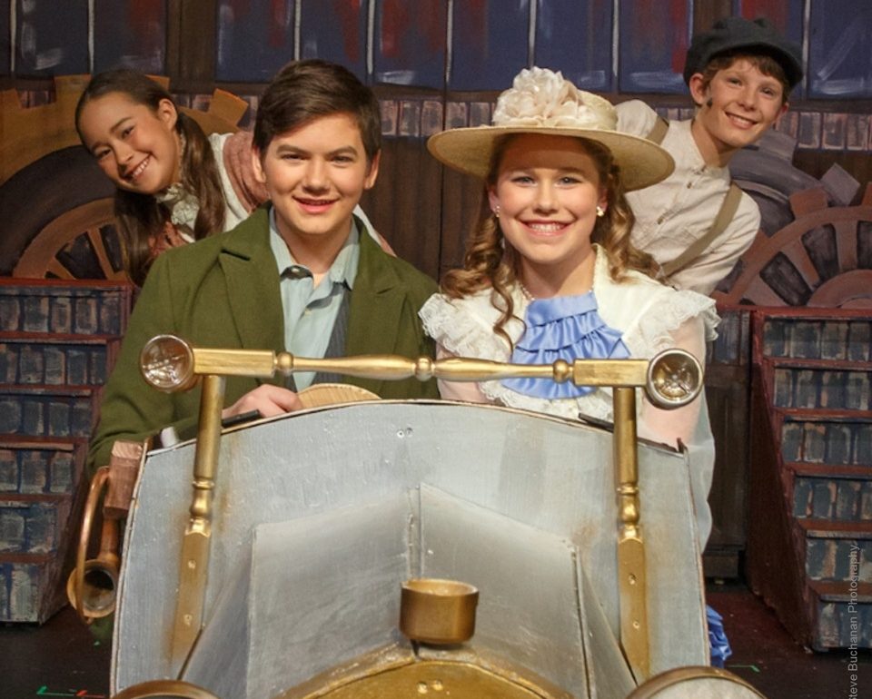 (L to R) Anya Lengberye as Jemima, Andrew Wilson as Caractacus Potts, Mackenzie Currie as Truly Scrumptious, and Pilot Earle-Smith as Jeremy in Chitty Chitty Bang Bang Jr.