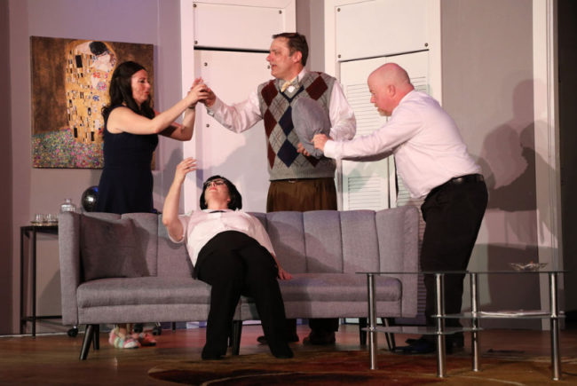 (L to R) Katie Sheldon as Gabriella, Claire Sherman as Berthe, Rich Greenslit as Robert, and John Sheldon as Bernard in Boeing Boeing. Photo: Shealyn Jae Photography