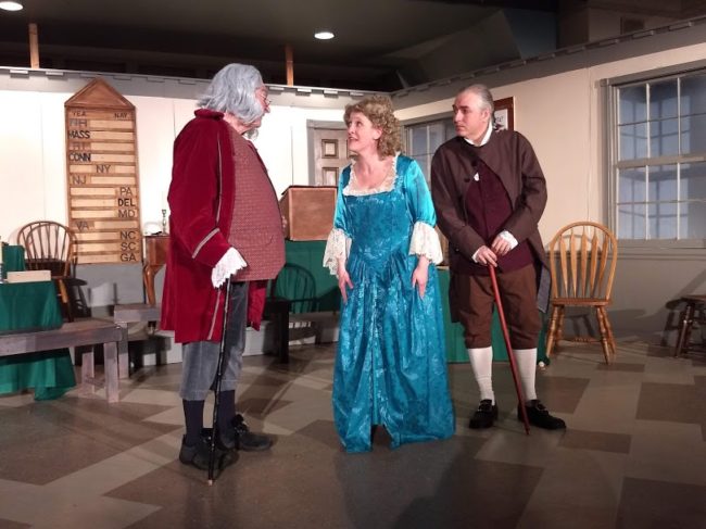 Rodney Bonds (left) as Benjamin Franklin, Ariel Edler (center) as Martha Jefferson, and Robert Hitcho (right) as John Adams in 1776. Photo: Amanda Gunther