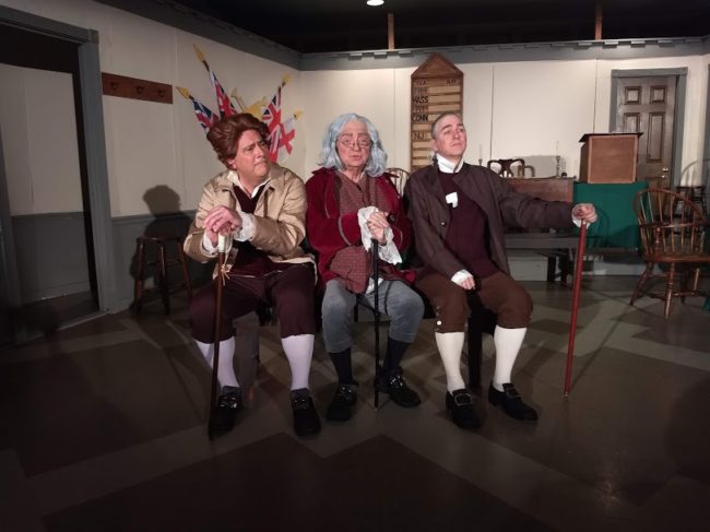 Jim Rafferty (left) as Thomas Jefferson, Rodney Bonds (center) as Benjamin Franklin, and Robert Hitcho (right) as John Adams in 1776. Photo: Amanda Gunther