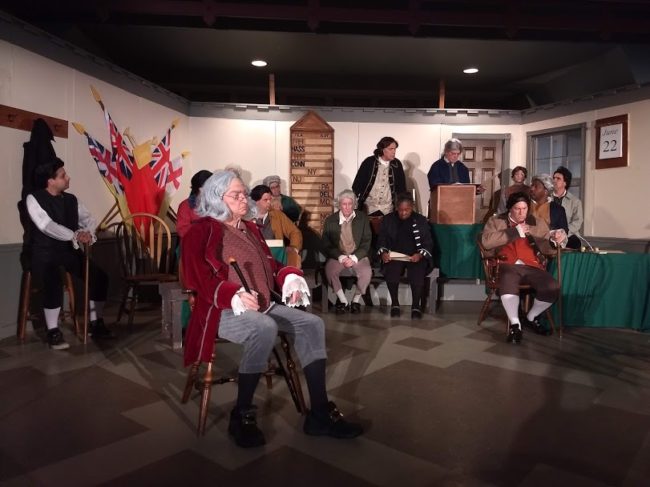 Rodney Bonds (left) as Benjamin Franklin, Ariel Edler (center) as Martha Jefferson, and Robert Hitcho (right) as John Adams in 1776. Photo: Amanda Gunther