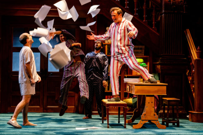 The men of Navarre (l to r: Matt Dallal, Jack Schmitt, Joshua David Robinson, Zachary Fine) celebrate a momentous decision in Folger Theatre’s Love’s Labor’s Lost. On stage April 30 – June 9, 2019. Photo by Brittany Diliberto.