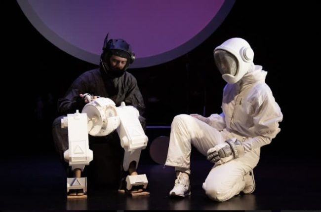 Alex Vernon (left) puppetting ATA with Sarah Olmsted Thomas (right) in Marooned! Photo: Ryan Maxwell