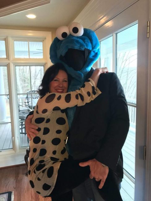 Michele and Greg Guyton at a cookie tasting party...where Greg is in the Cookie Monster suit.