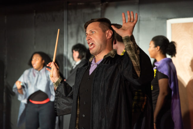 Rob Tucker as J. Finch Fletchly in his "petrified place" in PUFFS. Photo: Matthew Peterson