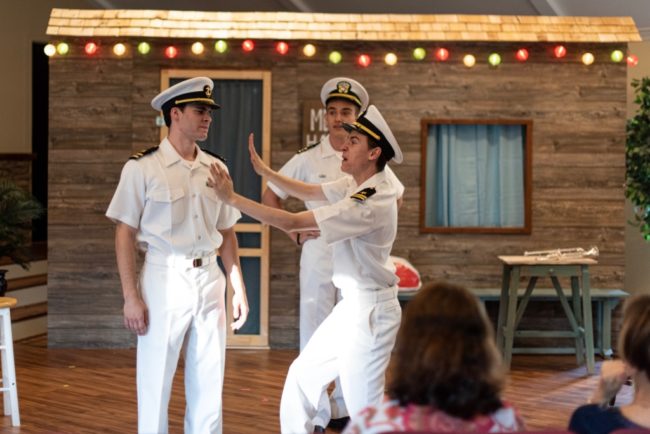 Adam Harrison (left) as Claudio, Josh Bates (center) as Don Pedro, and Ian Cripe (right) as Benedick. Photo: Alyssa Bouma