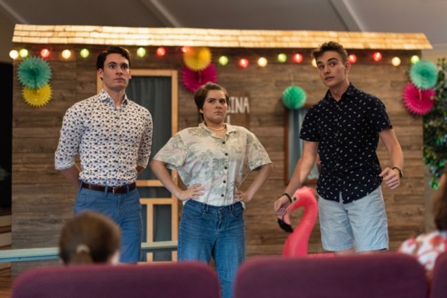 Adam Harrison (left) as Claudio, with Juliana Schueckler (center) as Leonata, and Josh Bates (right) as Don Pedro. Photo: Alyssa Bouma.