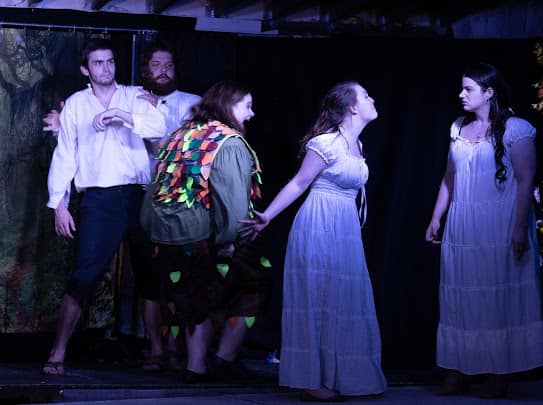 (L to R) Sam Webster as Lysander, Ben Hopkins as Demetrius, Molly Laska as Puck, Emily Plovan as Hermia, and Dana Panczenko as Helena in A Midsummer Night's Dream. 