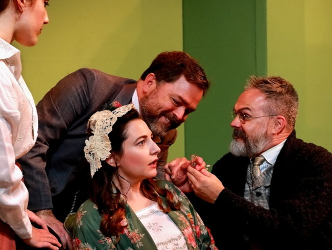 (L to R) Emily H. Gilson as Miss Roberts, Marnie Kanarek as Mrs. Baxter, Brendan Murray as Tom Kemp, and Craig Houk as Mr. Baxter in The Mollusc. Photo: Steve LaRocque