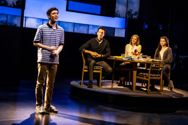 (L to R) Ben Levi Ross as Evan Hansen, Aaron Lazar as Larry Murphy, Christiane Noll as Cynthia Murphy, and Maggie McKenna as Zoe Murphy. Photo: Matthew Murphy