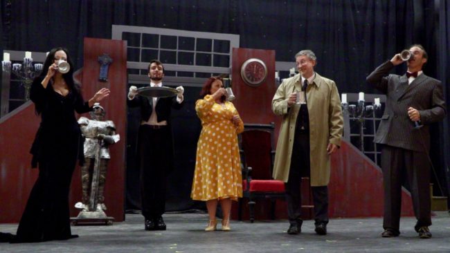 (L to R) Michele Guyton as Morticia Addams, Brandan Iversen as Lurch, Tiffany Walker Porta Burrows as Alice Beinecke, Scott Shumaker as Mal Beinecke, and Greg Guyton as Gomez Addams. Photo: Tom Littlejohn