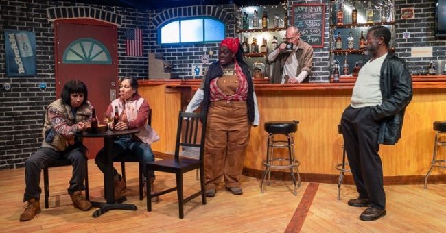 (L to R) Julie Herber as Tracey, Lia Seltzer as Jessie, Rona Mensah as Cynthia, Tim Seltzer as Stan, and Ray Hatch as Brucie in Sweat. Photo: Joe Williams