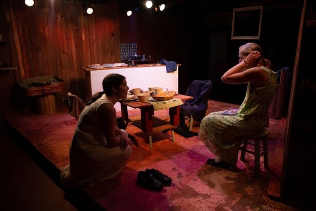 Catherine Gilbert (left) as Shkurta and Amy Rhodes (right) as Zoja in The Finger at Venus Theatre. Photo: Curtis Jordan