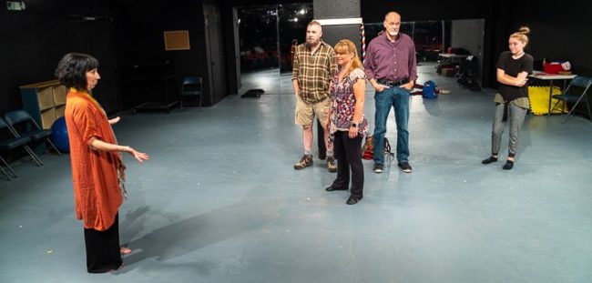 (L to R) Julie Herber, Reiner Prochaska, Gené Fouché, Tim Seltzer, and Lauren Johnson in Circle Mirror Transformation at Maryland Ensemble Theatre. Photo: Joe Williams