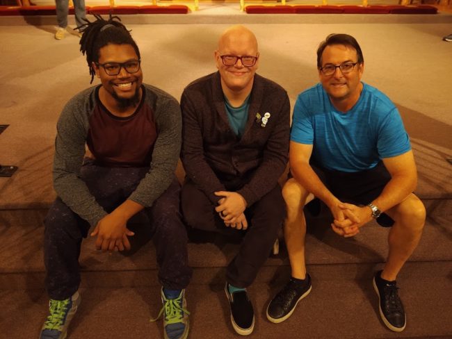 James Doggett (left) with Lance Bankerd (center) and Brian Reagan (right) rehearsing for Third Wall's Man of La Mancha.