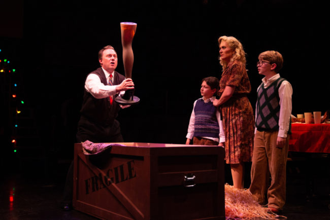 (L to R) Jeffrey Shankle as The Old Man, A Major Award, Chrysocyon "Sonny" Huza as Randy, Heather Beck as Mother, and Evan Christy as Ralphie in A Christmas Story. Jeri Tidwell Photography