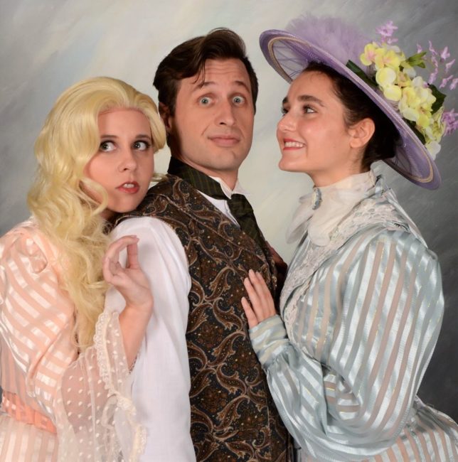 Allison Comotto (left) as Sibella, with Rob Tucker (center) as Monty Navarro, and Marina Yiannouris (right) as Phoebe in A Gentleman's Guide to Love and Murder